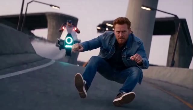 Opening frame of the third generated scene, returning to the rider before the flip