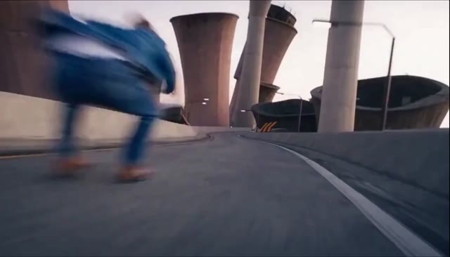 Opening frame of the final generated scene, with the chase continuing down the road